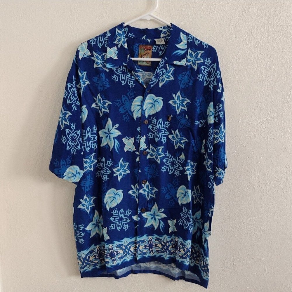 Pineapple Connection Hawaiian Shirt Mens M Blue Floral Leaves Design Button